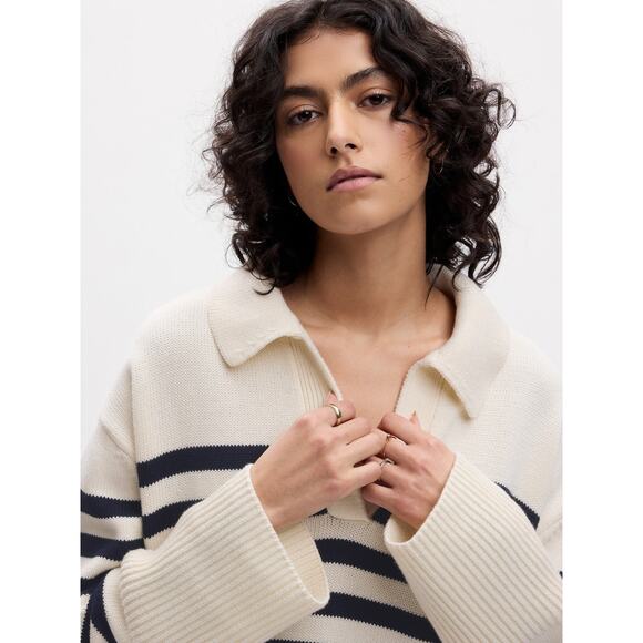 Gap 247 Split-hem Polo Sweater White Navy Stripe - XS - Picture 7 of 8